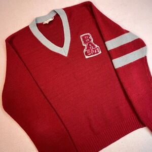 Vintage Activewear Varsity Sweater Red V-Neck Chenille Patch BA SAIT Small